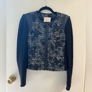 Rebecca Taylor Black Tweed Wool & Leather Jacket, Size 4